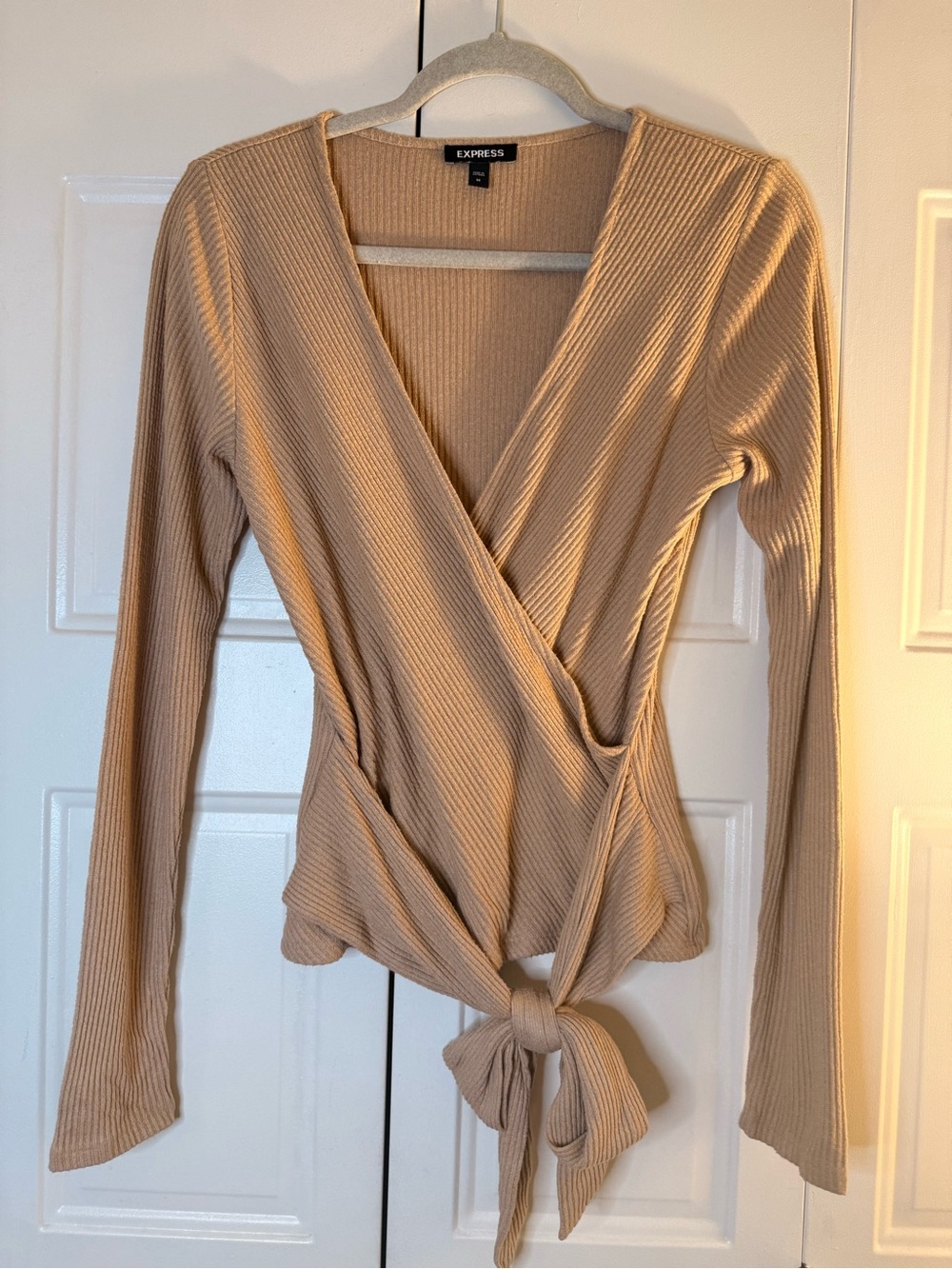 Express Beige Ribbed Wrap Tie-Front Long Sleeve Top